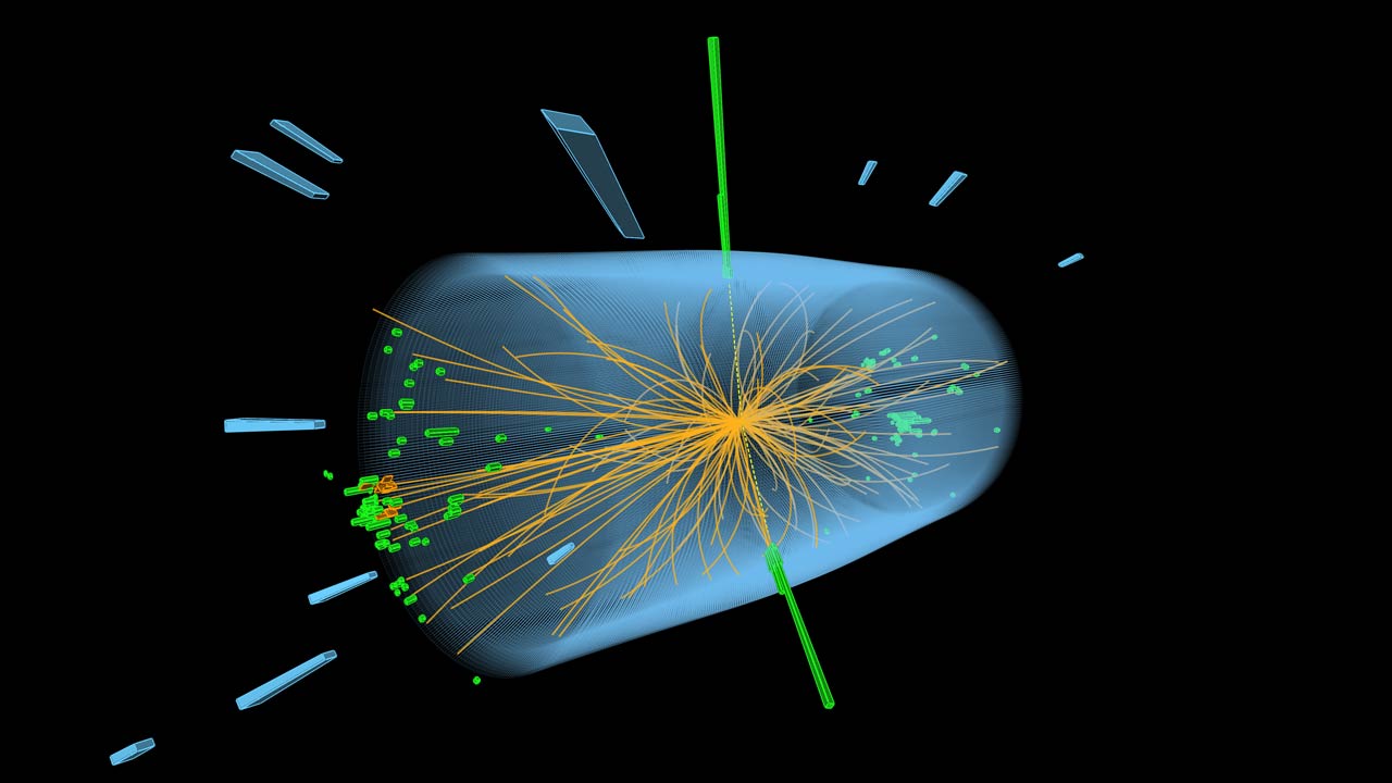 Hier sieht man einen Higgs-Zerfall. Das Bild zeigt ein Event-Display vom CMS-Experiment.